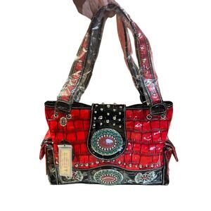 Women's Red Embellished Shoulder Bag with Stud Detail
